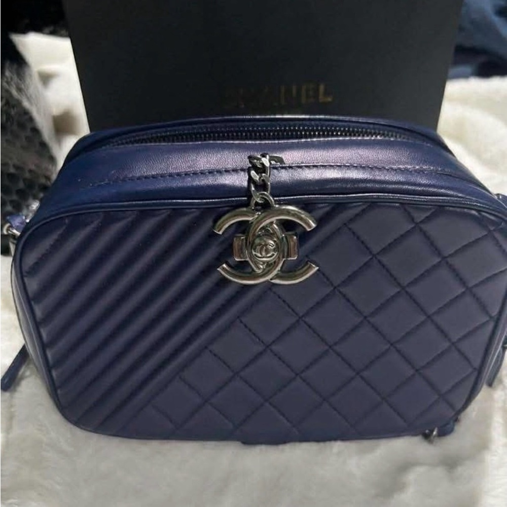 CHANEL Navy Quilted Crossbody Camera Bag with Silver CC Charm